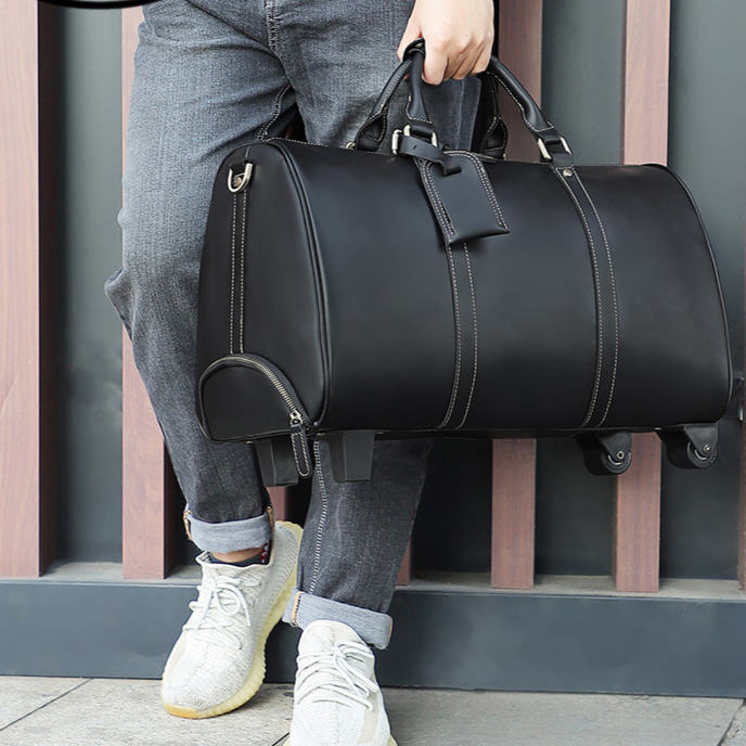 Genuine Leather Trolley Bag with Adjustable Strap