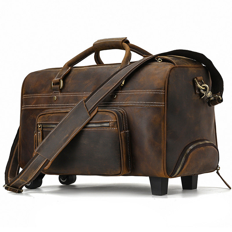 Men's Genuine Leather Retro Travel Bag, Large Capacity Business Suitcase